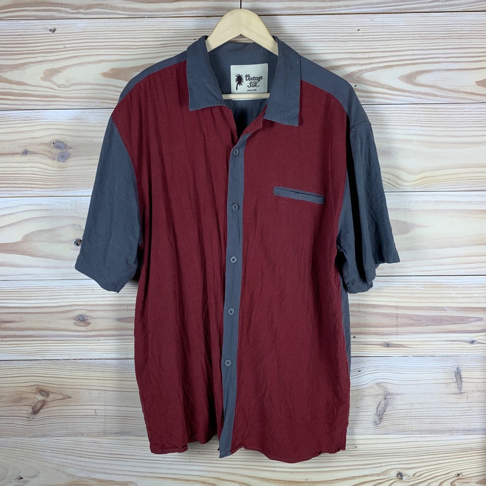 Vintage Silk Button Down Mens XXL Burgundy Grey Bowling Shirt 100% Silk Retro